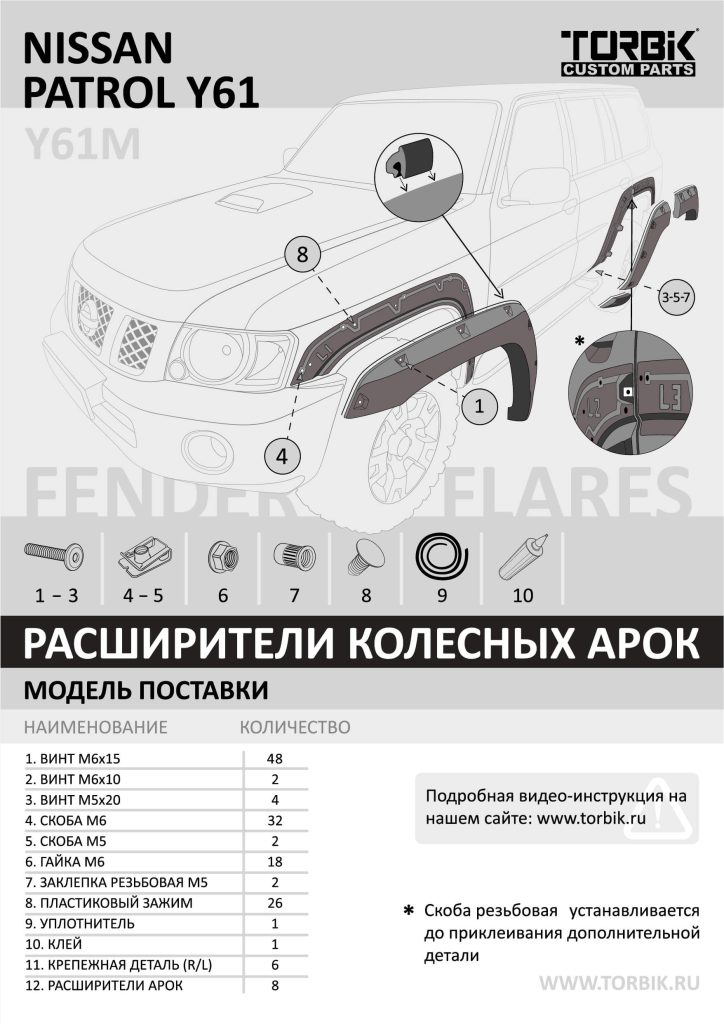 Расширители арок Nissan Patrol 55мм с накладками на передний и задний бампера